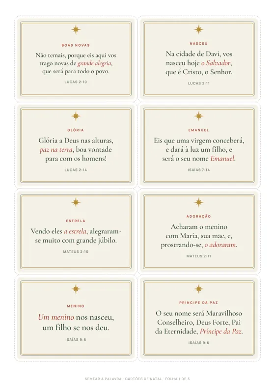Folha A4 com oito cartões de Natal, com estrela dourada.