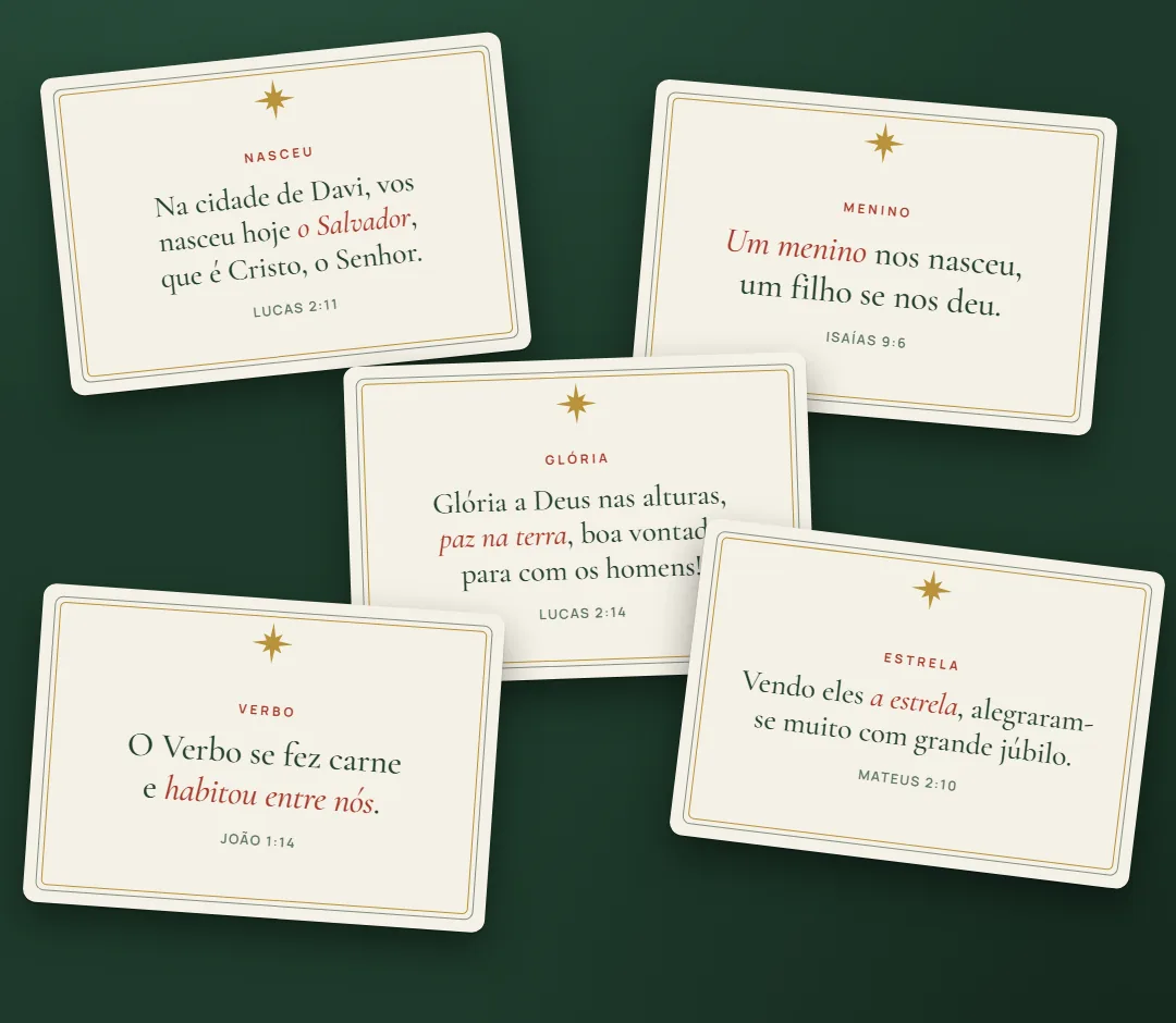 Cinco cartões de Natal com estrela dourada sobre fundo verde.